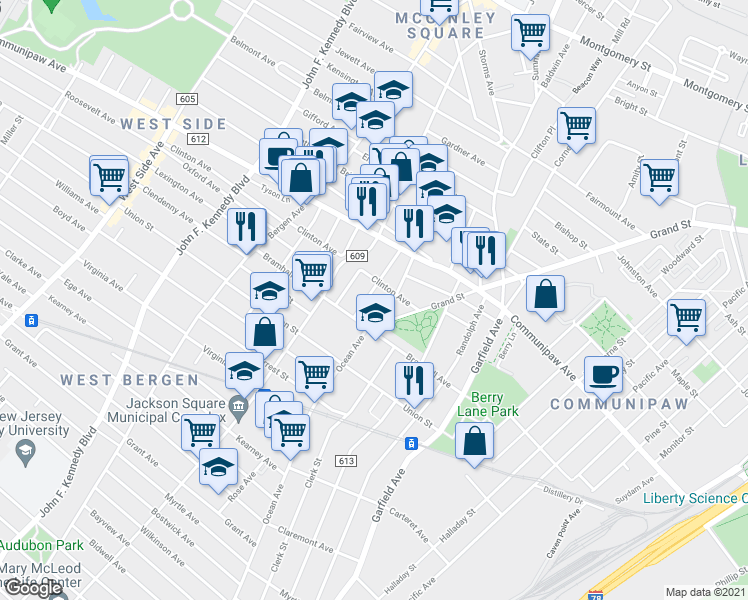 map of restaurants, bars, coffee shops, grocery stores, and more near in Jersey City