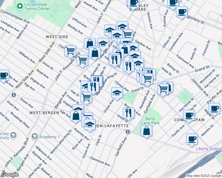 map of restaurants, bars, coffee shops, grocery stores, and more near in Jersey City