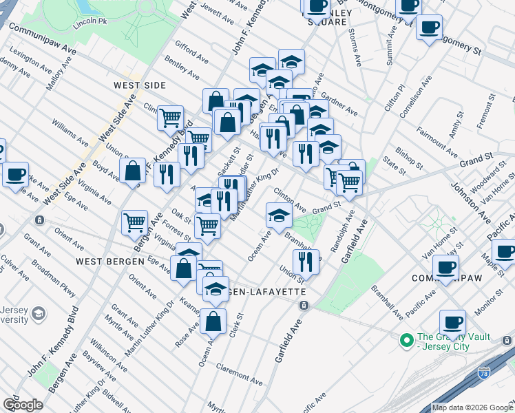 map of restaurants, bars, coffee shops, grocery stores, and more near 545 Bramhall Avenue in Jersey City