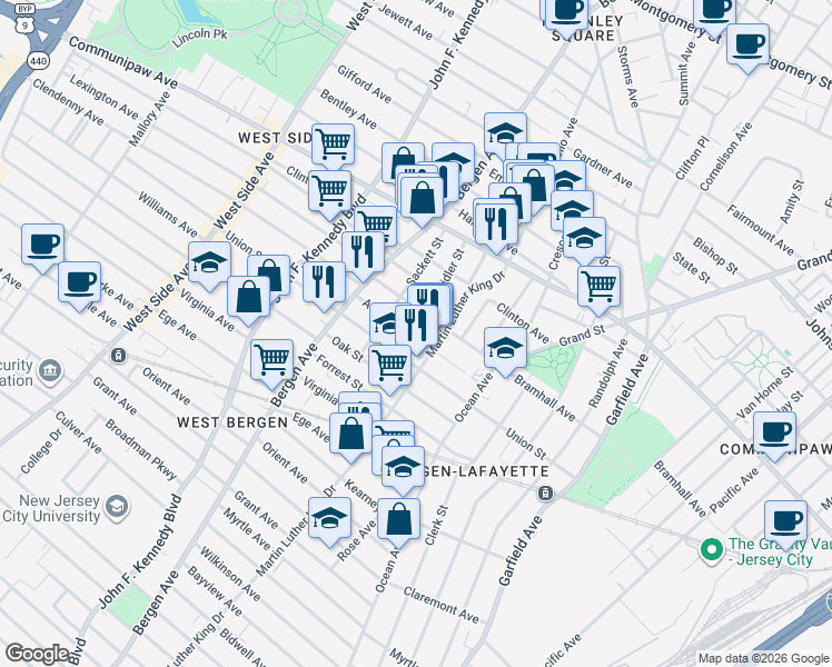 map of restaurants, bars, coffee shops, grocery stores, and more near 481 Martin Luther King Drive in Jersey City