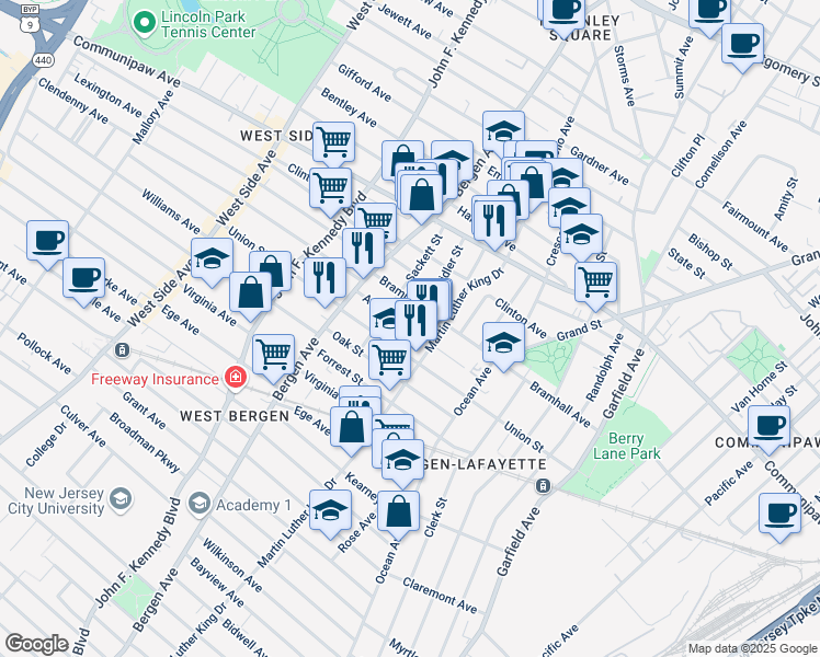 map of restaurants, bars, coffee shops, grocery stores, and more near 481 Martin Luther King Drive in Jersey City