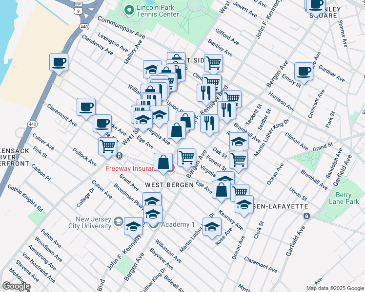 map of restaurants, bars, coffee shops, grocery stores, and more near 173 Virginia Avenue in Jersey City