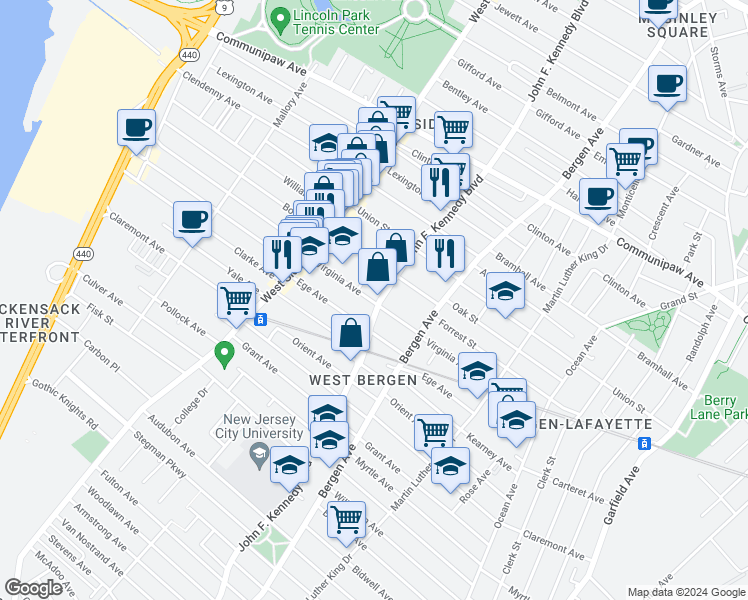 map of restaurants, bars, coffee shops, grocery stores, and more near 173 Virginia Avenue in Jersey City