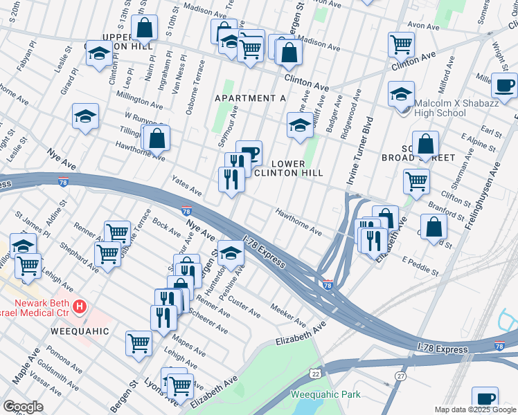 map of restaurants, bars, coffee shops, grocery stores, and more near 836 Hunterdon Street in Newark