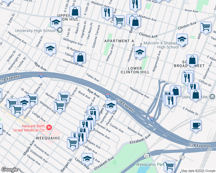 map of restaurants, bars, coffee shops, grocery stores, and more near 840-848 Bergen Street in Newark