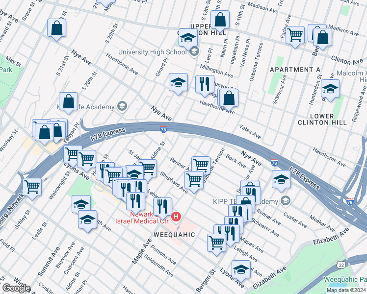 map of restaurants, bars, coffee shops, grocery stores, and more near 95 Schuyler Avenue in Newark