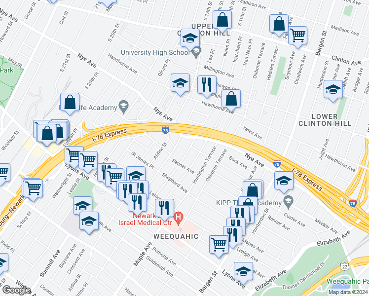 map of restaurants, bars, coffee shops, grocery stores, and more near 321-323 Renner Avenue in Newark