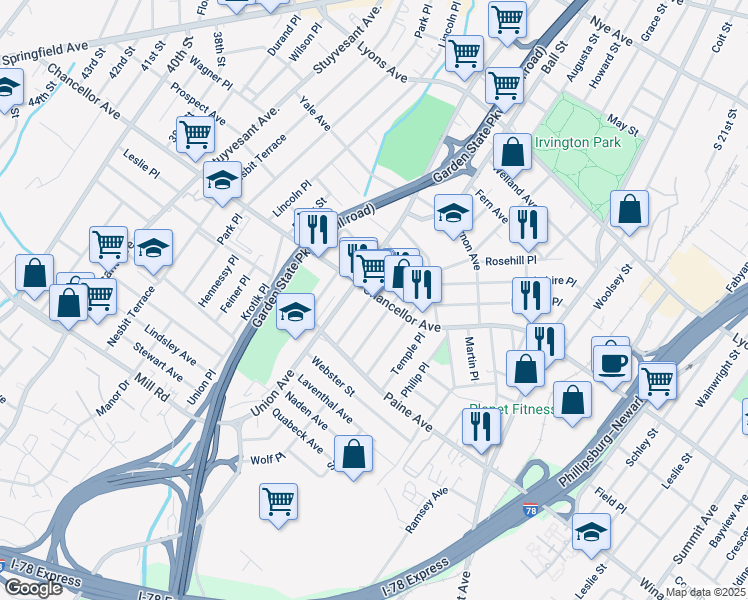 map of restaurants, bars, coffee shops, grocery stores, and more near 70 Kuna Terrace in Irvington