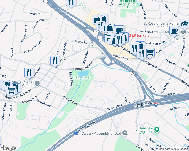 map of restaurants, bars, coffee shops, grocery stores, and more near 92D Troy Drive in Springfield