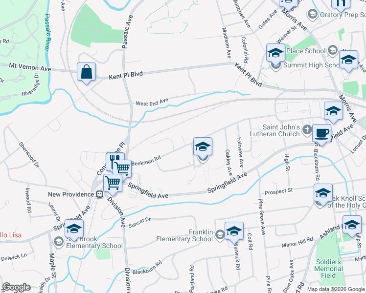 map of restaurants, bars, coffee shops, grocery stores, and more near 13 Beekman Terrace in Summit