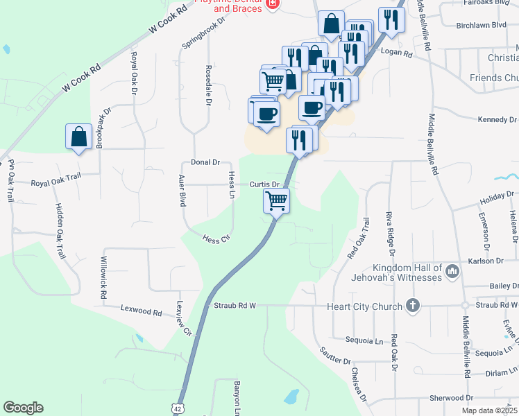 map of restaurants, bars, coffee shops, grocery stores, and more near 1660 Lexington Avenue in Mansfield