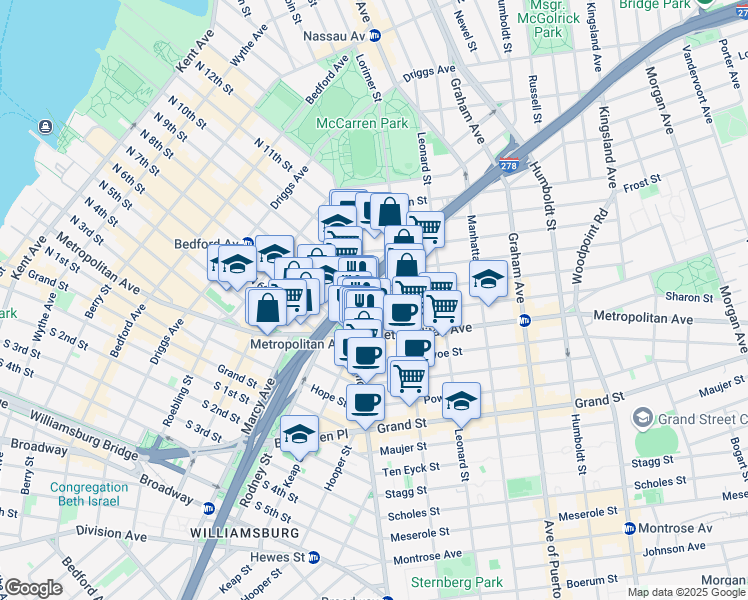 map of restaurants, bars, coffee shops, grocery stores, and more near 24 Skillman Avenue in Brooklyn