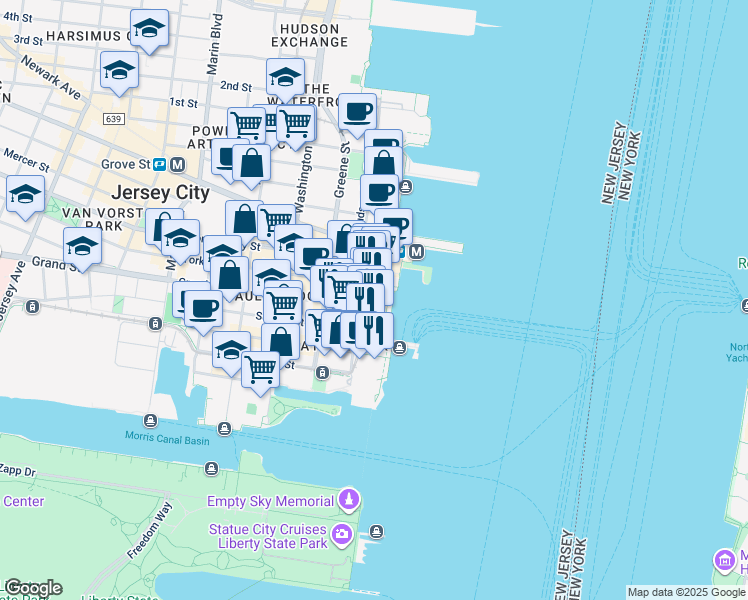 map of restaurants, bars, coffee shops, grocery stores, and more near 90 Hudson Street in Jersey City