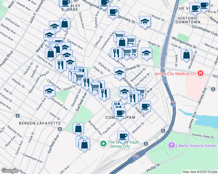 map of restaurants, bars, coffee shops, grocery stores, and more near 144 Lafayette Street in Jersey City