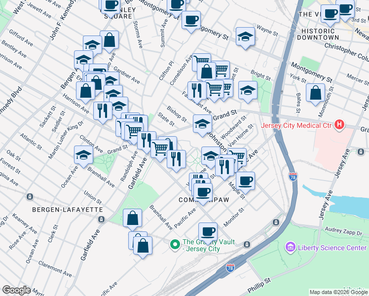 map of restaurants, bars, coffee shops, grocery stores, and more near 144 Lafayette Street in Jersey City
