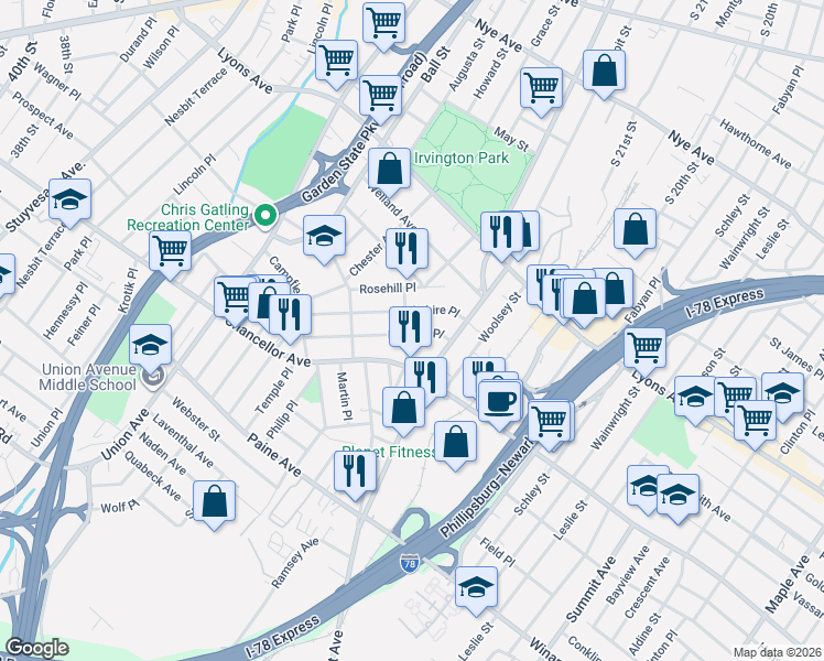 map of restaurants, bars, coffee shops, grocery stores, and more near 47 Norwood Avenue in Irvington