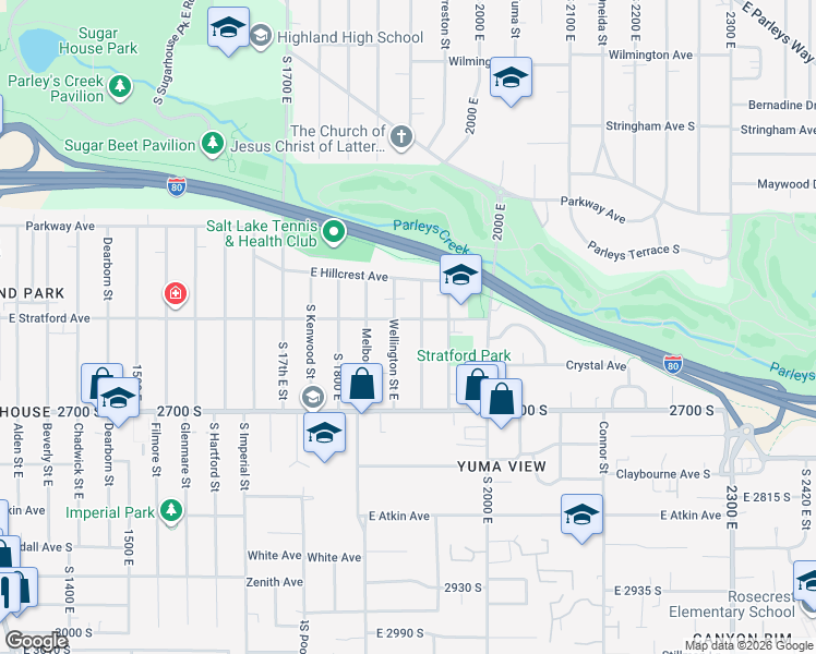 map of restaurants, bars, coffee shops, grocery stores, and more near 1878 East Stratford Avenue in Salt Lake City
