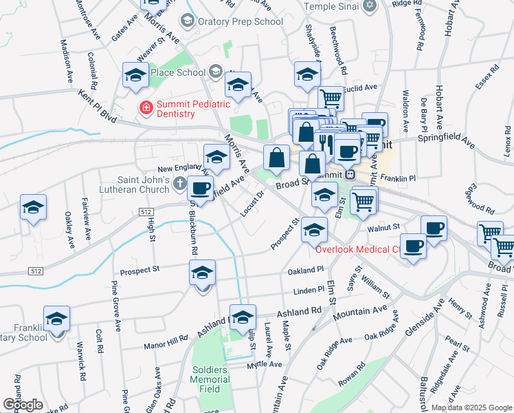 map of restaurants, bars, coffee shops, grocery stores, and more near 14 Locust Drive in Summit
