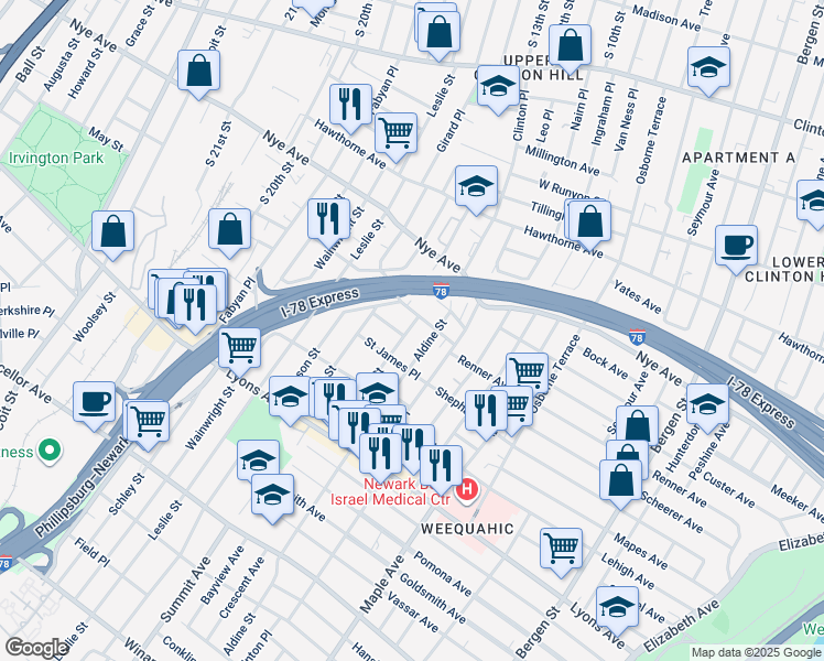 map of restaurants, bars, coffee shops, grocery stores, and more near 36 Aldine Street in Newark