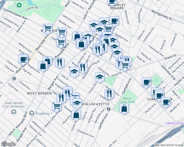 map of restaurants, bars, coffee shops, grocery stores, and more near 545 Bramhall Avenue in Jersey City