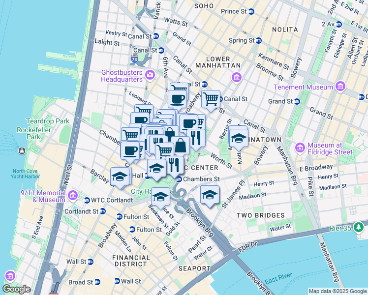 map of restaurants, bars, coffee shops, grocery stores, and more near 26 Federal Plaza in New York
