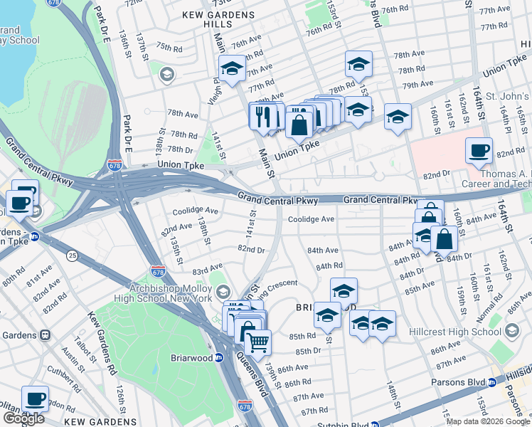 map of restaurants, bars, coffee shops, grocery stores, and more near 141-39 Hoover Avenue in Queens