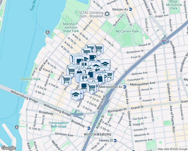 map of restaurants, bars, coffee shops, grocery stores, and more near 143 Roebling Street in Brooklyn