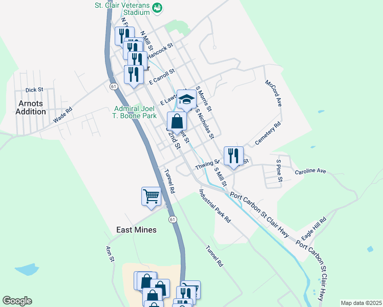 map of restaurants, bars, coffee shops, grocery stores, and more near 435 South 2nd Street in Saint Clair