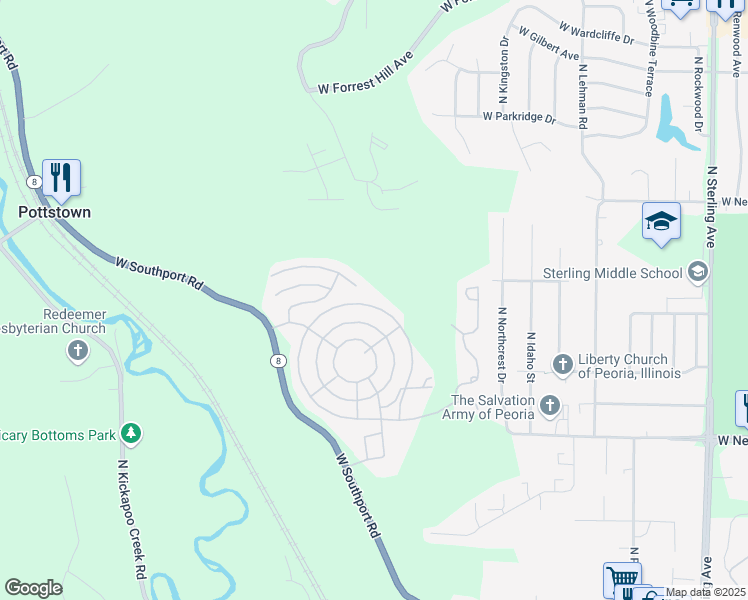 map of restaurants, bars, coffee shops, grocery stores, and more near 3510 Royal Drive in Peoria