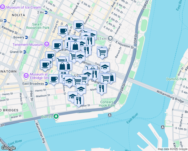 map of restaurants, bars, coffee shops, grocery stores, and more near 504 Grand Street in New York