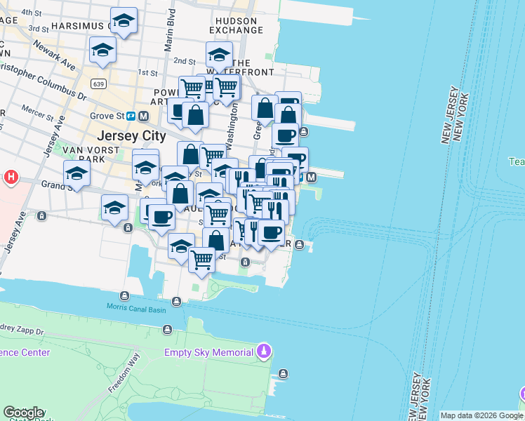 map of restaurants, bars, coffee shops, grocery stores, and more near 99 Hudson Street in Jersey City
