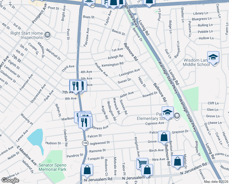 map of restaurants, bars, coffee shops, grocery stores, and more near 2606 7th Avenue in East Meadow