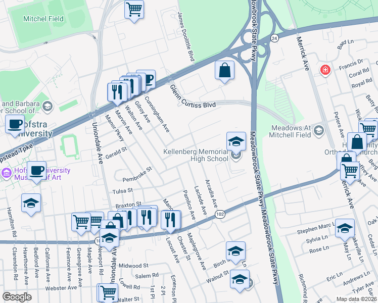 map of restaurants, bars, coffee shops, grocery stores, and more near 200 Arcadia Avenue in Uniondale