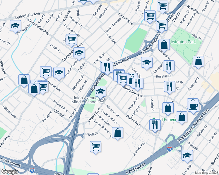 map of restaurants, bars, coffee shops, grocery stores, and more near 419 Union Avenue in Irvington