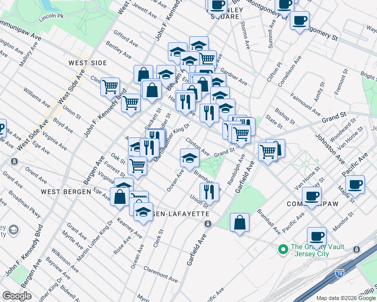 map of restaurants, bars, coffee shops, grocery stores, and more near in Jersey City