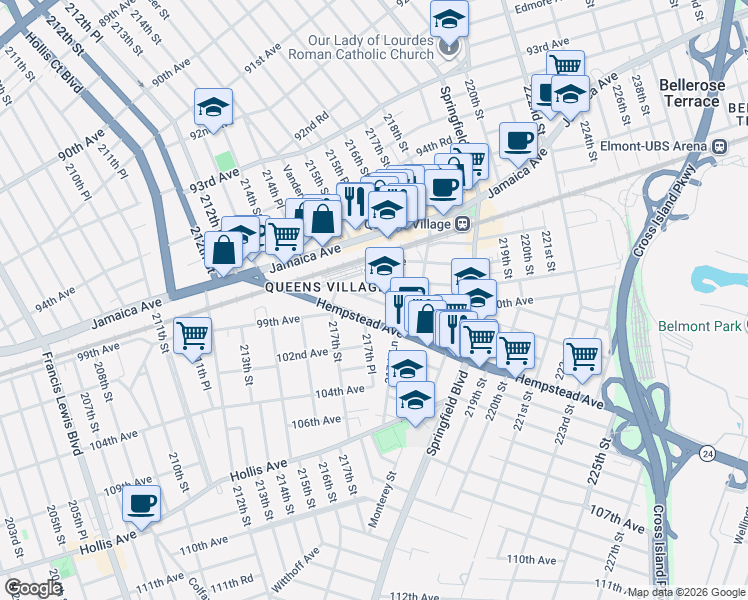 map of restaurants, bars, coffee shops, grocery stores, and more near 217-59 Hempstead Avenue in Queens