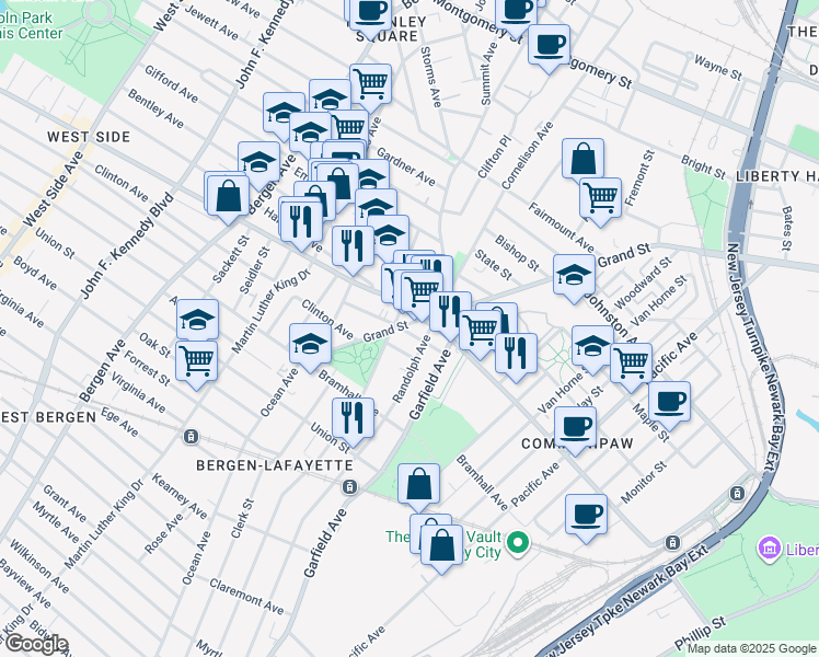 map of restaurants, bars, coffee shops, grocery stores, and more near 347 Randolph Avenue in Jersey City