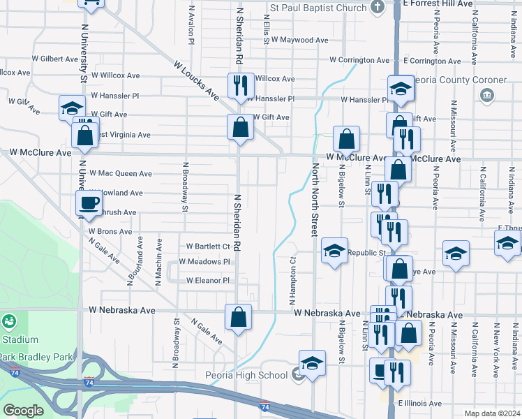 map of restaurants, bars, coffee shops, grocery stores, and more near 2226 North Ellis Street in Peoria
