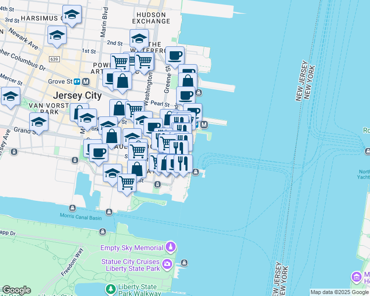 map of restaurants, bars, coffee shops, grocery stores, and more near 70 Hudson Street in Jersey City