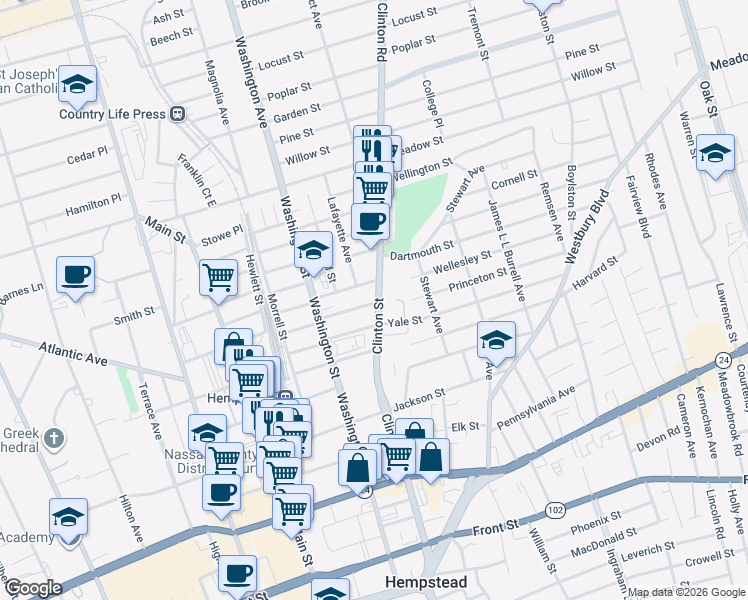 map of restaurants, bars, coffee shops, grocery stores, and more near 89 Lent Avenue in Hempstead