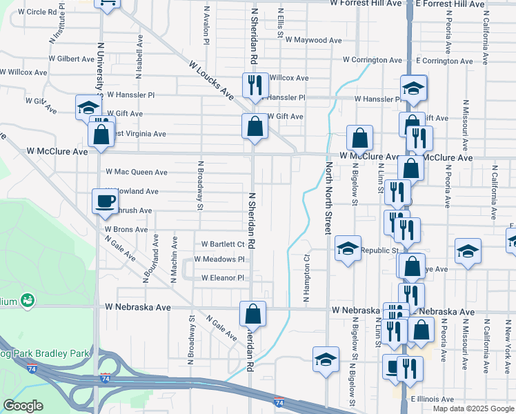 map of restaurants, bars, coffee shops, grocery stores, and more near 2313 North Ellis Street in Peoria