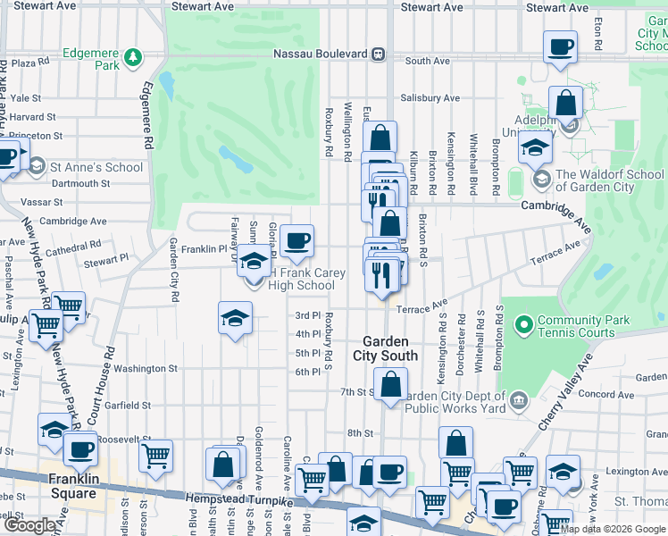 map of restaurants, bars, coffee shops, grocery stores, and more near 647 Princeton Avenue in Garden City