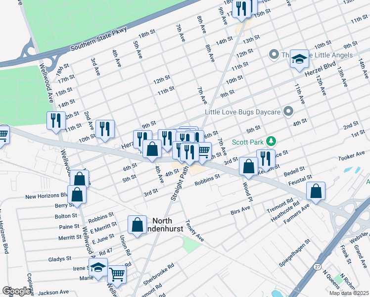 map of restaurants, bars, coffee shops, grocery stores, and more near 125 6th Avenue in West Babylon