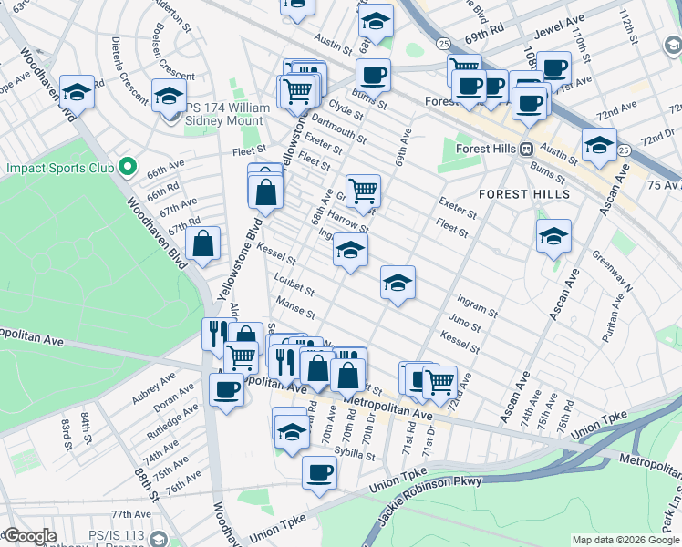 map of restaurants, bars, coffee shops, grocery stores, and more near 93-11 69th Avenue in Queens