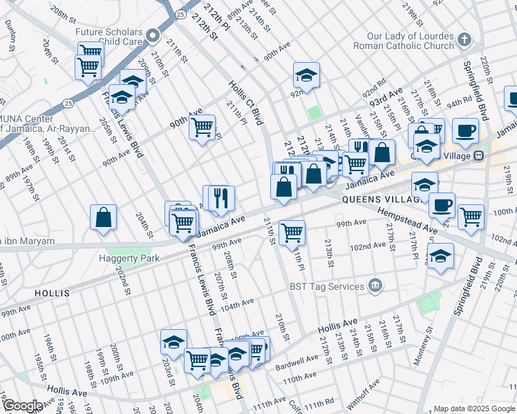 map of restaurants, bars, coffee shops, grocery stores, and more near 94-20 Hollis Court Boulevard in Queens