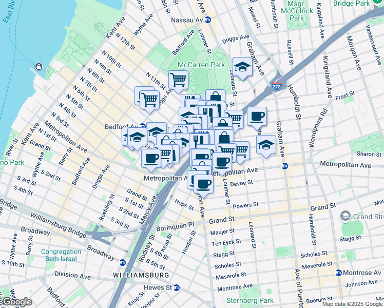 map of restaurants, bars, coffee shops, grocery stores, and more near Meeker Avenue & North 8th Street in Brooklyn