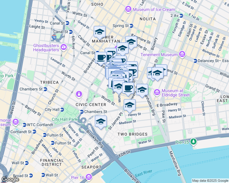 map of restaurants, bars, coffee shops, grocery stores, and more near 87 Mulberry Street in New York
