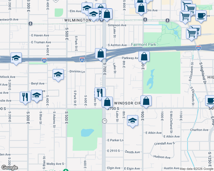 map of restaurants, bars, coffee shops, grocery stores, and more near 2510 Utah 71 in Salt Lake City