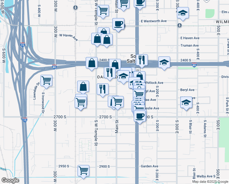 map of restaurants, bars, coffee shops, grocery stores, and more near 2550 South Main Street in Salt Lake City