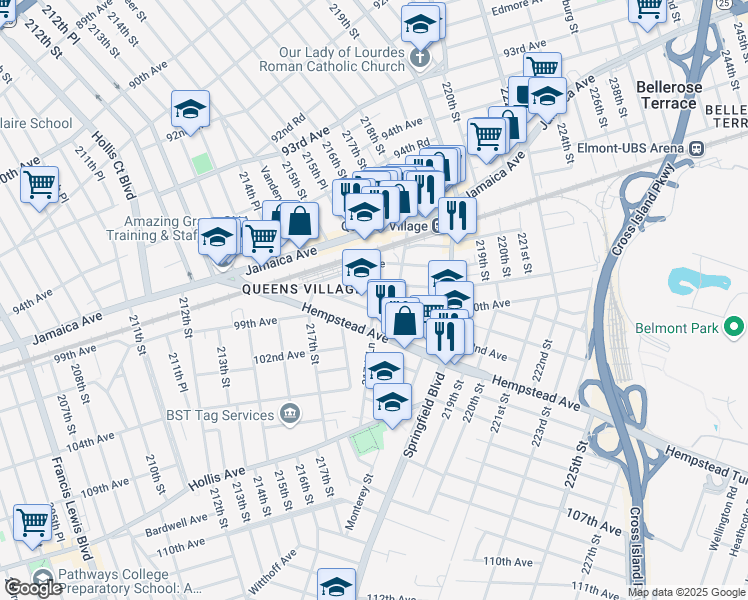 map of restaurants, bars, coffee shops, grocery stores, and more near 98-17 217th Lane in Queens